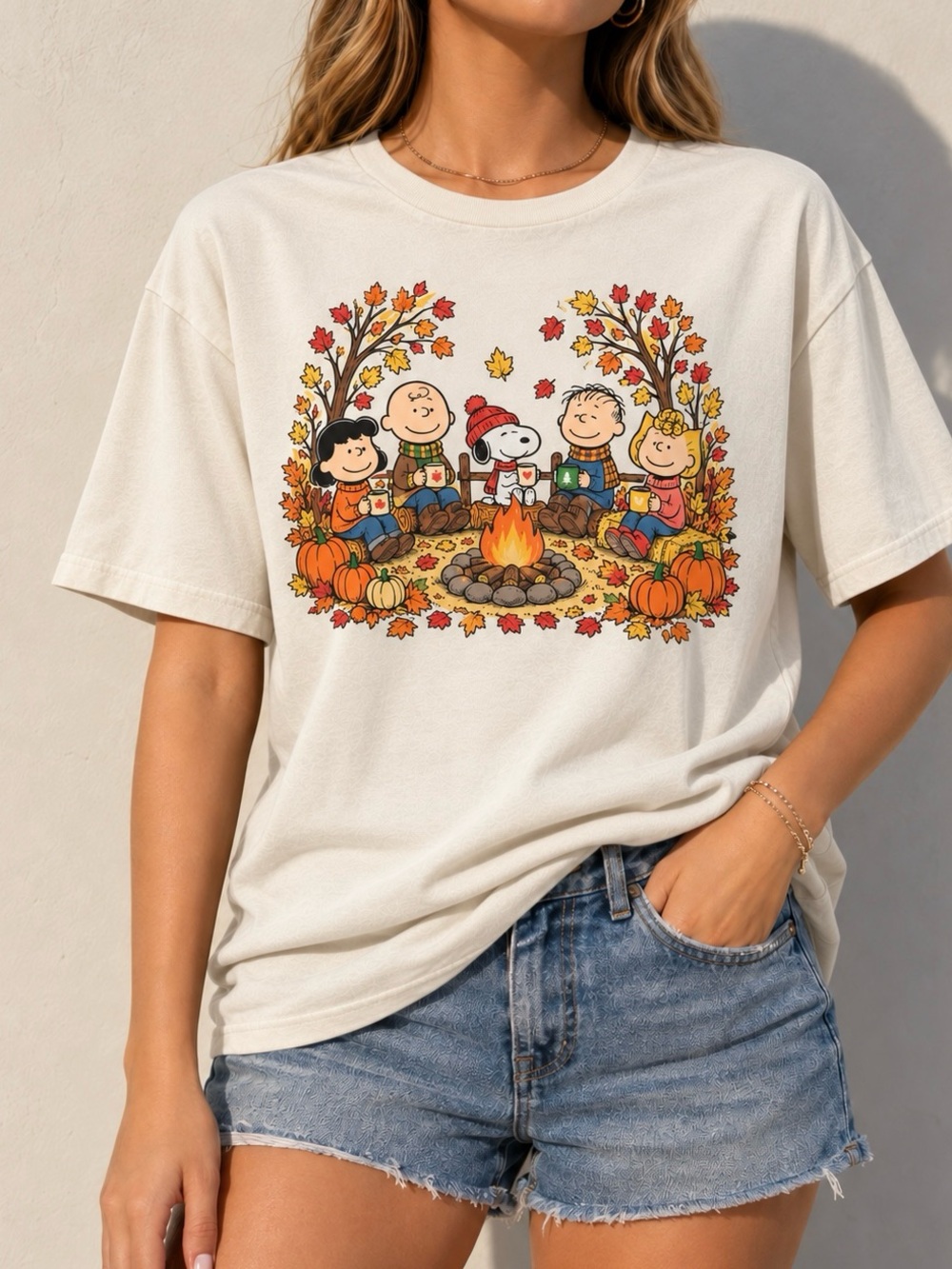 Peanuts Gang Campfire Spooky Fall Aesthetic Natural Womens Reprint Tee